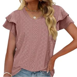 Eyelet Ruffle Flutter Short Sleeve V Neck Top Loose Fit Summer Dark Pink Large